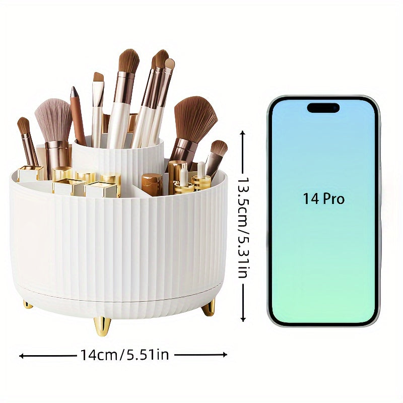 Nutshell 360 degree rotating makeup organizer with multiple compartments for easy access to beauty tools