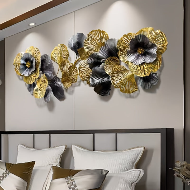 Elegant 3D floral metal wall art by Nutshell, showcasing delicate gold and black flowers on a stylish wall
