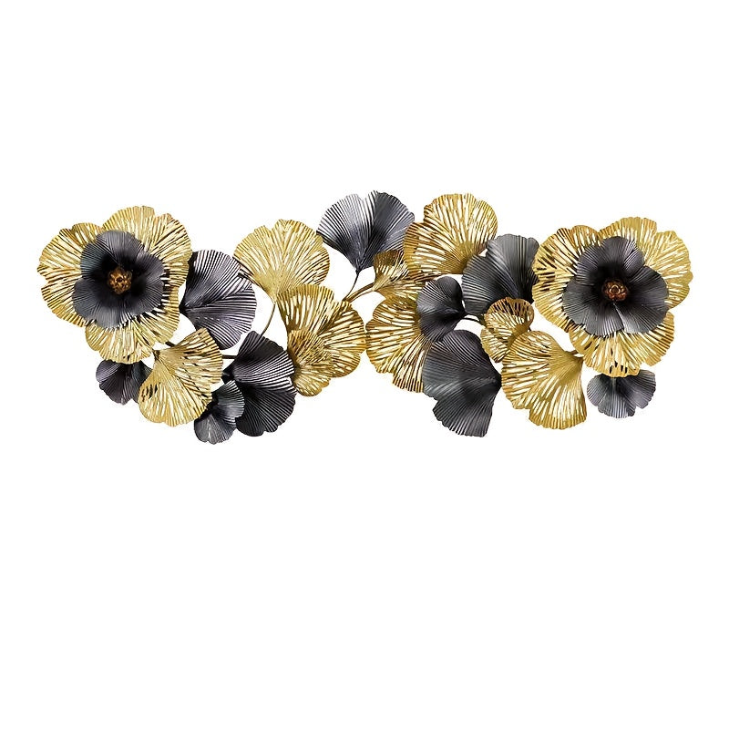 Elegant 3D floral metal wall art featuring gold and black flowers for stylish home decor