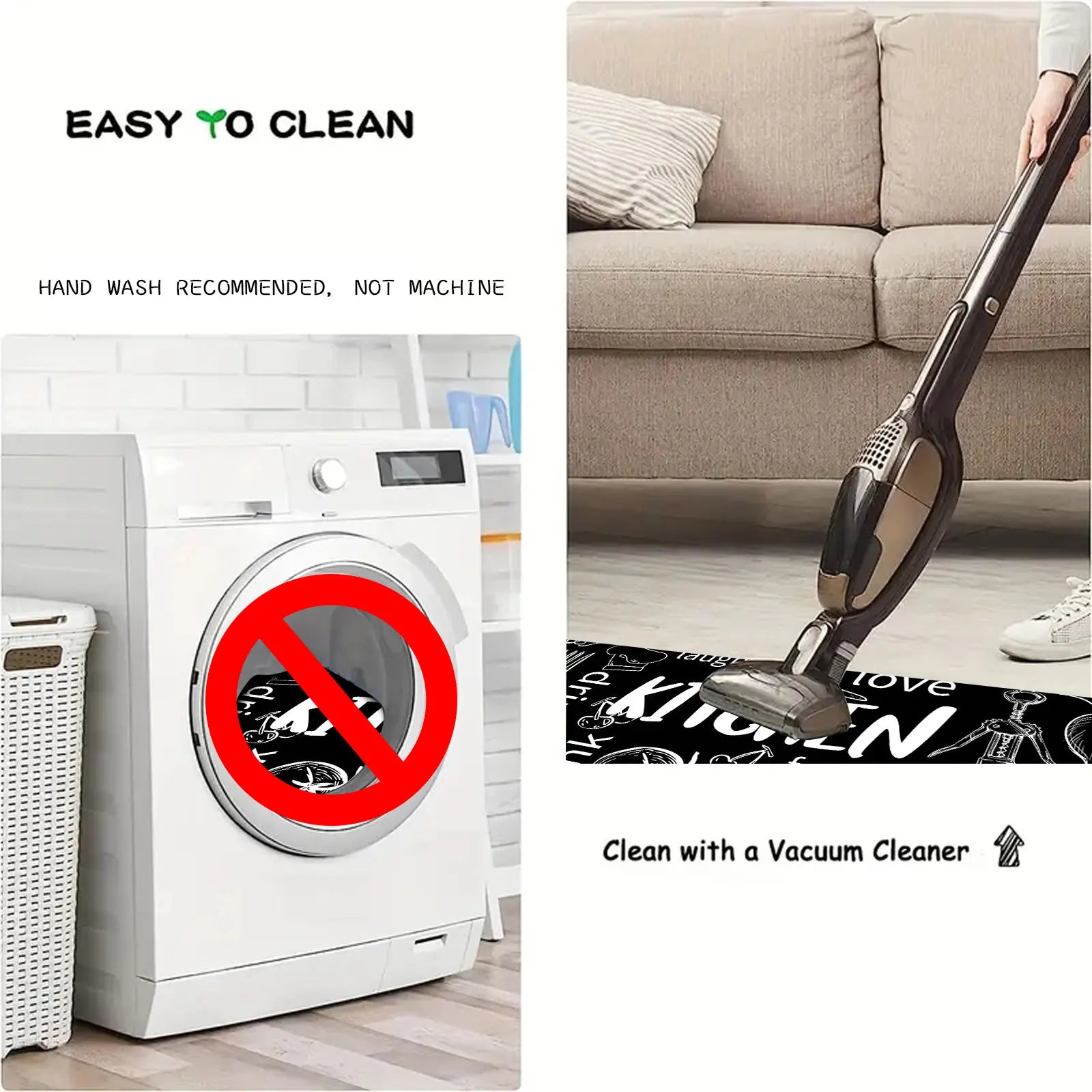 3D non slip bathroom mat displayed next to a washing machine and vacuum cleaner for easy cleaning