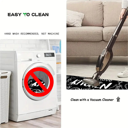 3D non slip bathroom mat displayed next to a washing machine and vacuum cleaner for easy cleaning