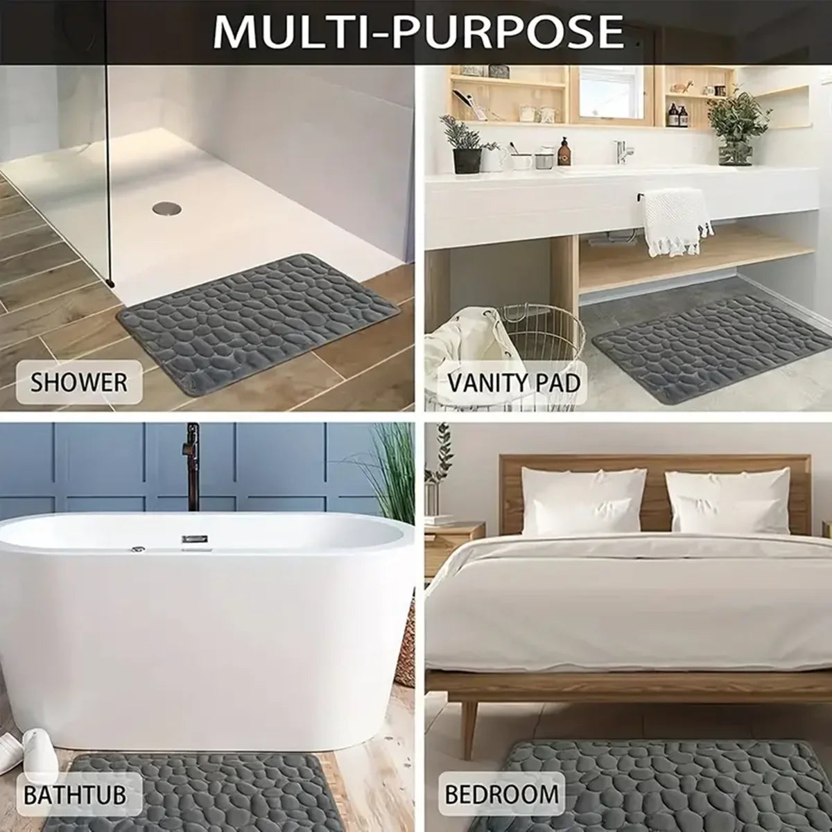 3D non slip bathroom mat shown in various settings for versatile home use