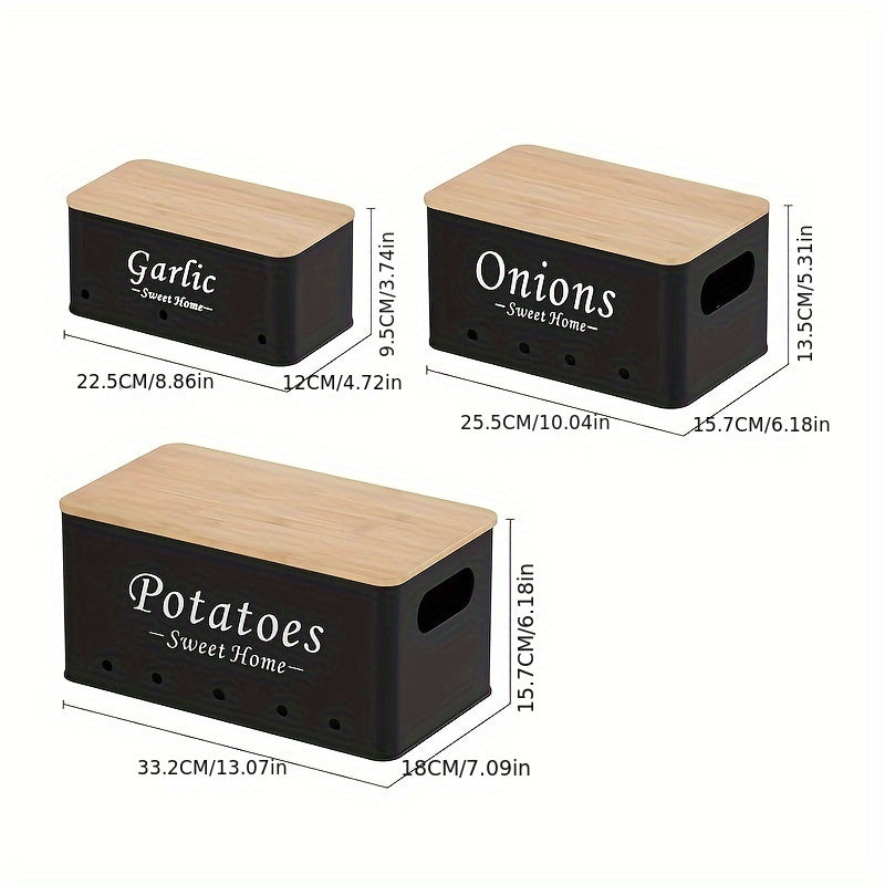 3pcs Food Storage Box Decor with labeled containers for Garlic, Onions, and Potatoes in stylish design