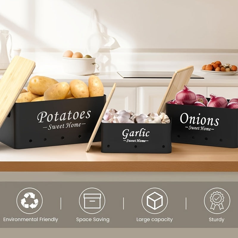 Nutshell 3pcs Food Storage Box Decor with compartments for potatoes, garlic, and onions