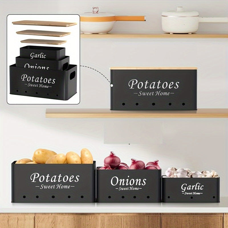 3pcs Food Storage Box Decor in Black with Bamboo Lids for Organizing Kitchen Essentials