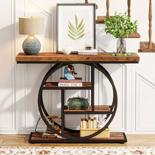 Nutshell 4-Tier Sofa Table Entryway Table with wood shelves and black metal frame decorated with lamp and plant