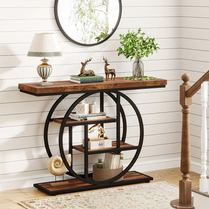 Nutshell 4-Tier Sofa Table Entryway Table with black metal circular frame and wooden shelves styled with decor
