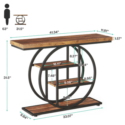 Nutshell 4-Tier Sofa Table Entryway Table with circular metal frame and wooden shelves in brown and black finish