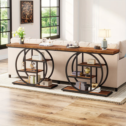 Nutshell 4-Tier Sofa Table Entryway Table with circular metal frame and wooden shelves behind beige sofa