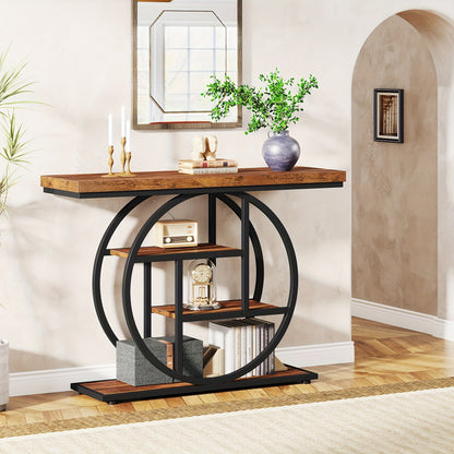 Nutshell 4-Tier Sofa Table Entryway Table with circular metal frame and wooden shelves in modern living room