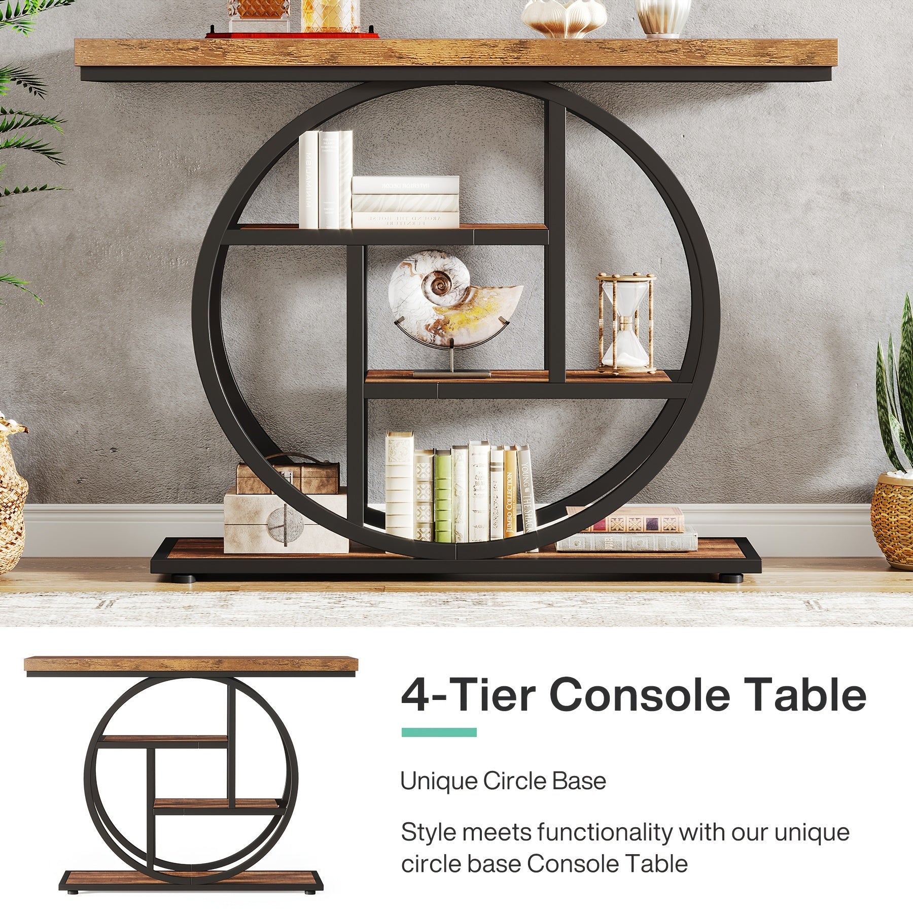 Nutshell 4-Tier Sofa Table Entryway Table with unique circular metal base and wooden shelves for modern decor