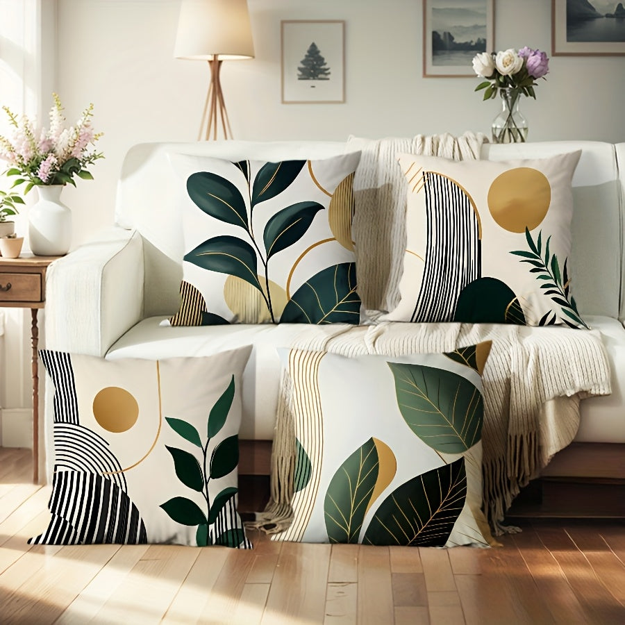 4pcs Boho chic Striped leaf pillow case featuring vibrant greenery and elegant designs for home decor