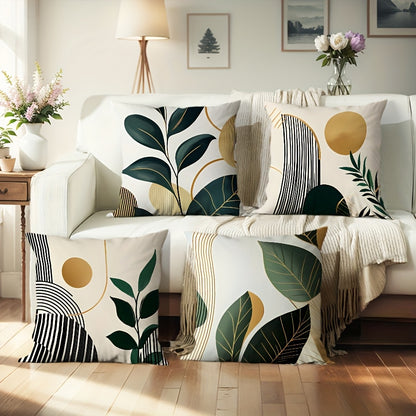 4pcs Boho chic Striped leaf pillow case featuring vibrant greenery and elegant designs for home decor