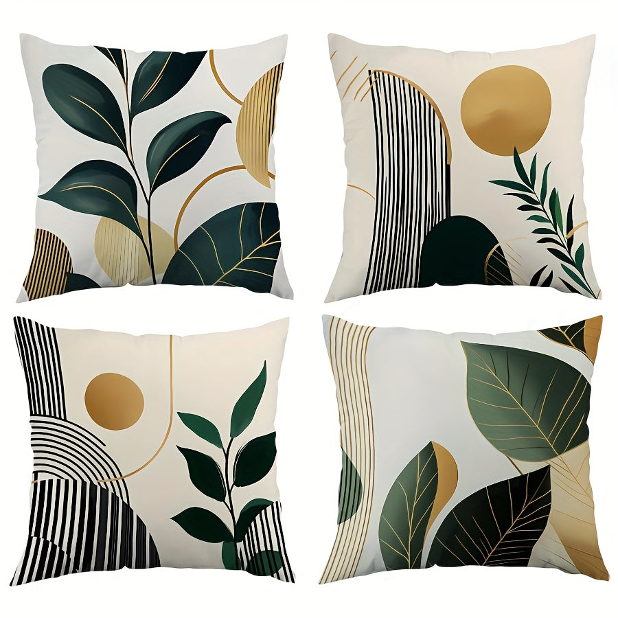 4pcs Boho chic Striped leaf pillow case set featuring stylish botanical designs for home decor
