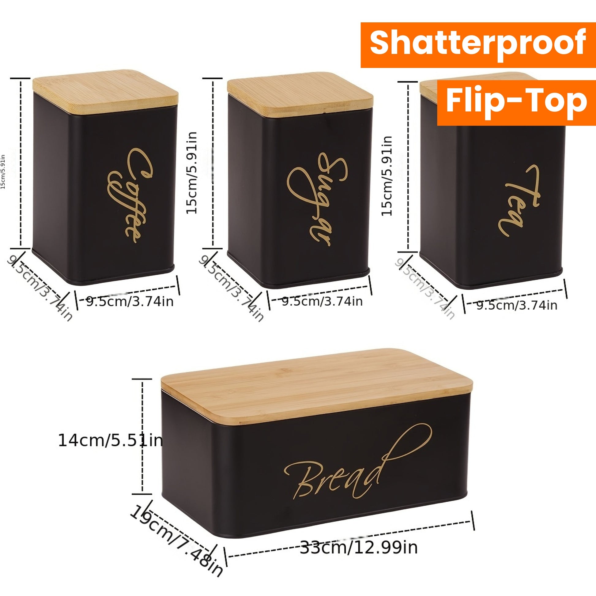 4pcs Shatterproof Metal Storage canisters with bamboo lids for organizing coffee, sugar, tea, and bread