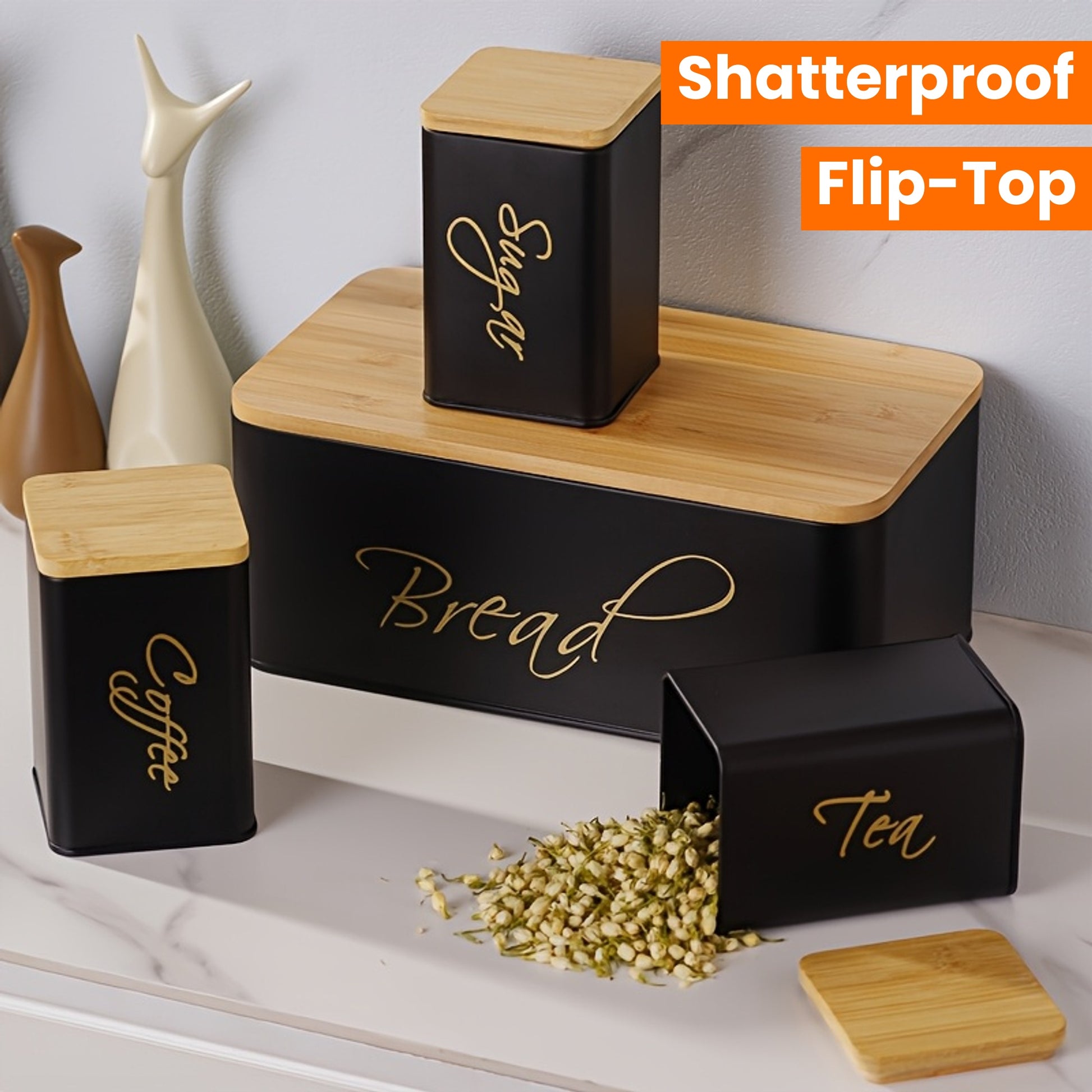 4pcs Shatterproof Metal Storage canisters with bamboo lids for kitchen organization