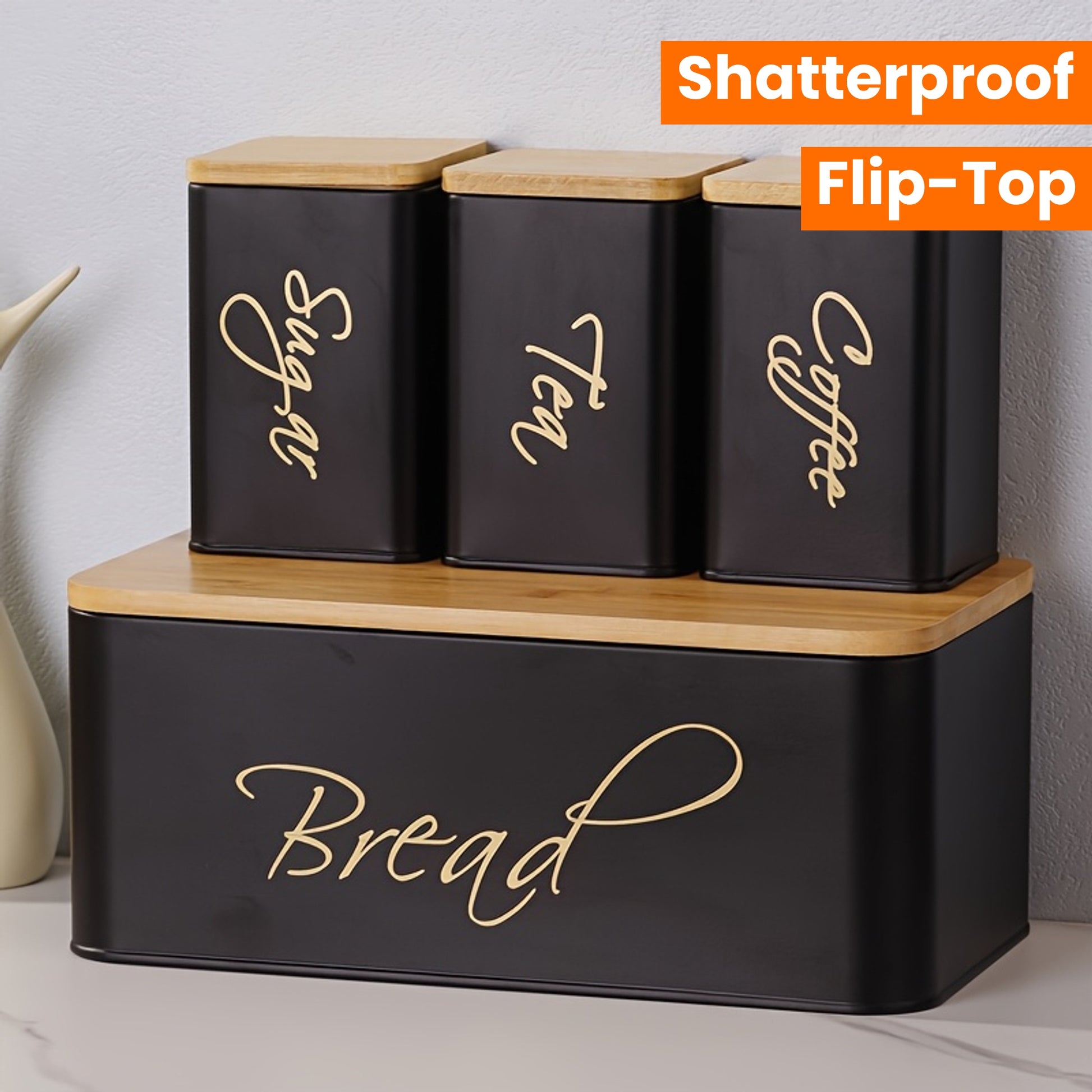 4pcs Shatterproof Metal Storage canisters in black with bamboo lids for kitchen organization