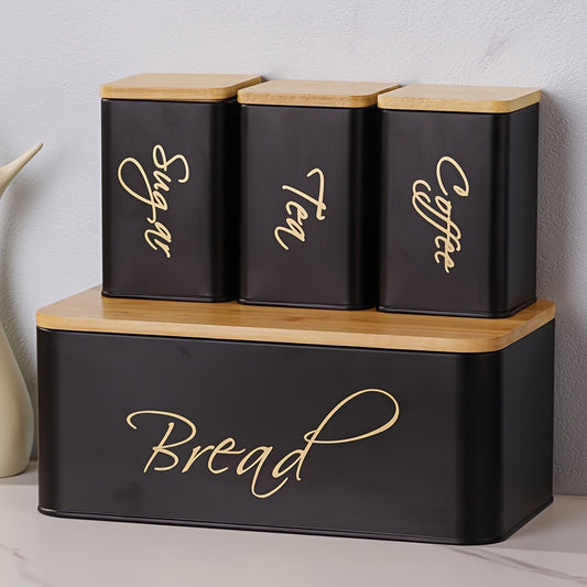 Nutshell 4pcs Shatterproof Metal Storage canisters in black with stylish bamboo lids for kitchen organization