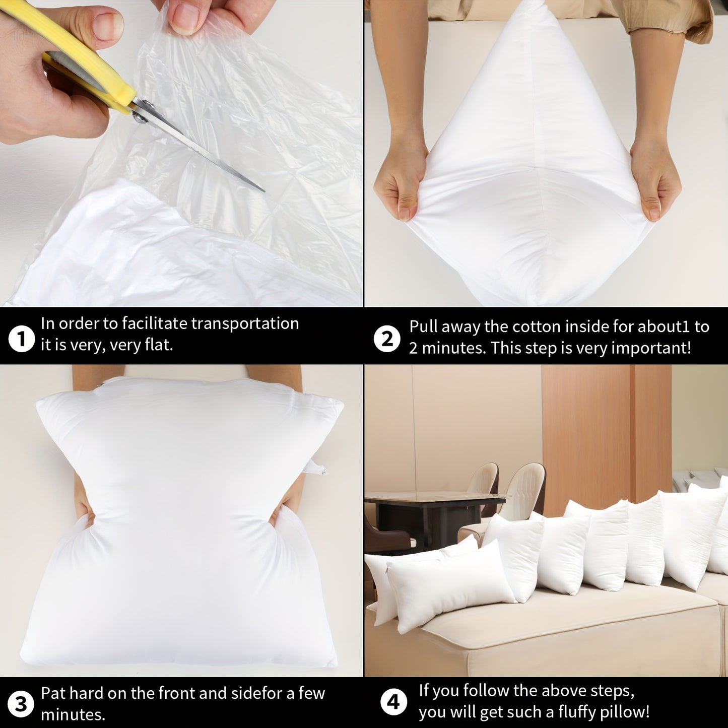 Step-by-step guide for 4pcs Throw Pillow Core fluffing process for maximum comfort