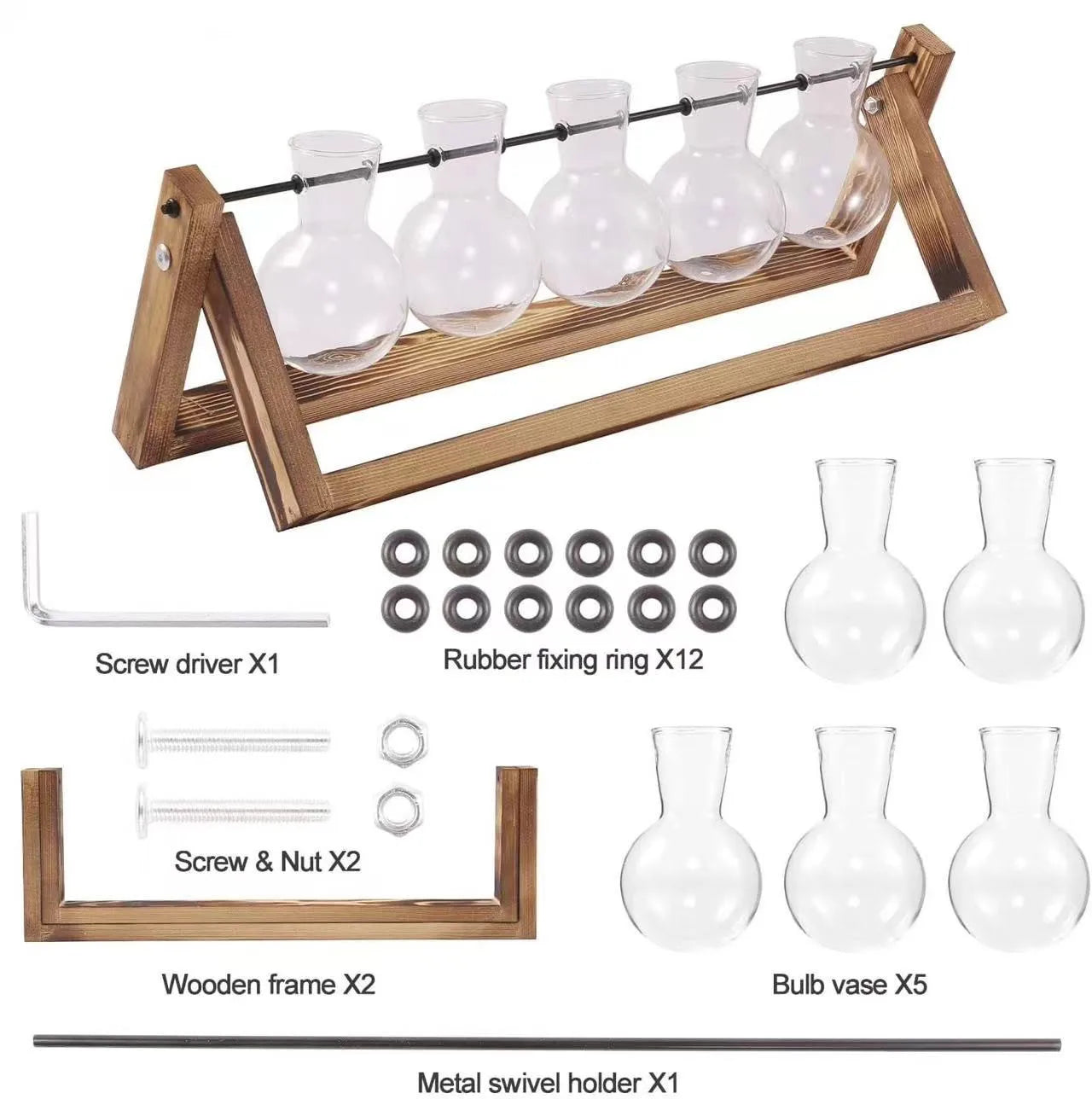 5-tube wooden hydroponic vase with metal holder and glass bulb vases for stylish home decor