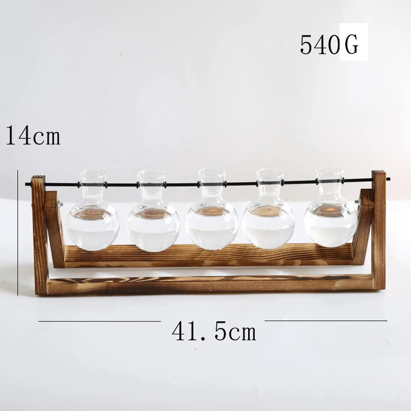 5-tube wooden hydroponic vase with five glass tubes for stylish plant display