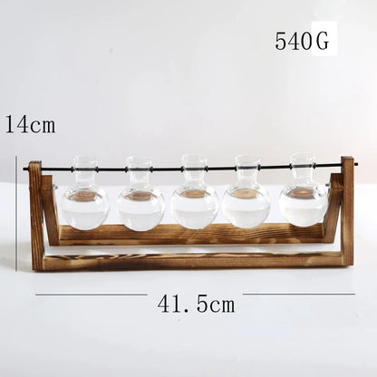 5-tube wooden hydroponic vase with five glass tubes for stylish plant display