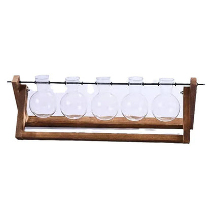 5-tube wooden hydroponic vase with five clear glass tubes for stylish indoor plant displays