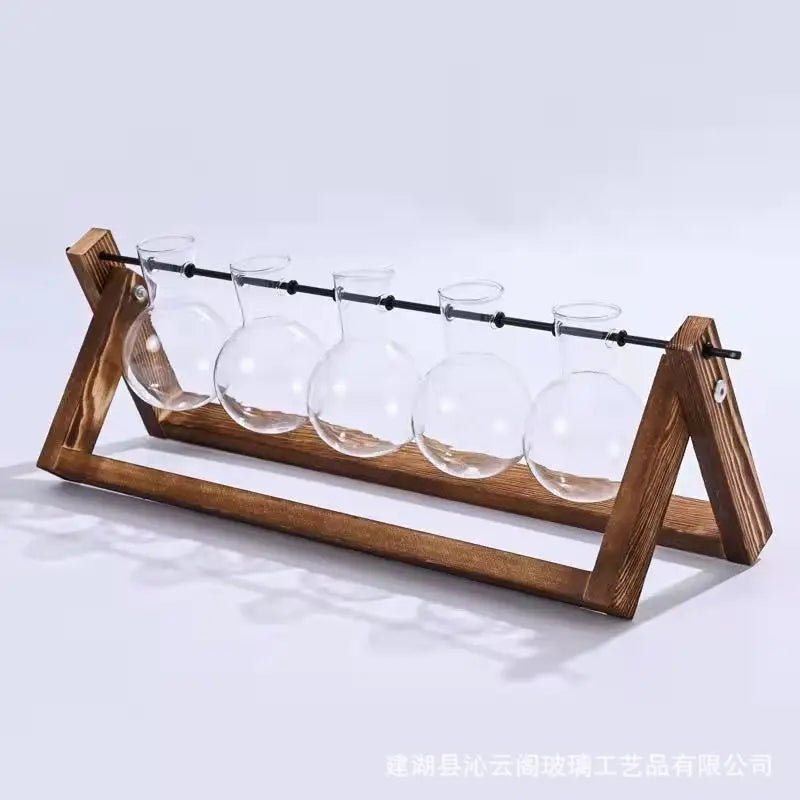 Nutshell 5-tube wooden hydroponic vase featuring a sturdy wooden frame and glass tubes for plant display