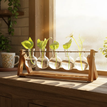 5-tube wooden hydroponic vase with glass tubes and a sturdy wooden stand for elegant plant display