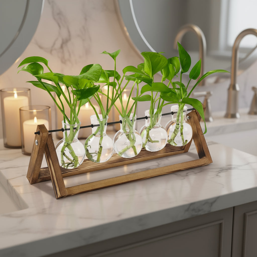 5-tube wooden hydroponic vase displaying vibrant green plants growing in glass tubes