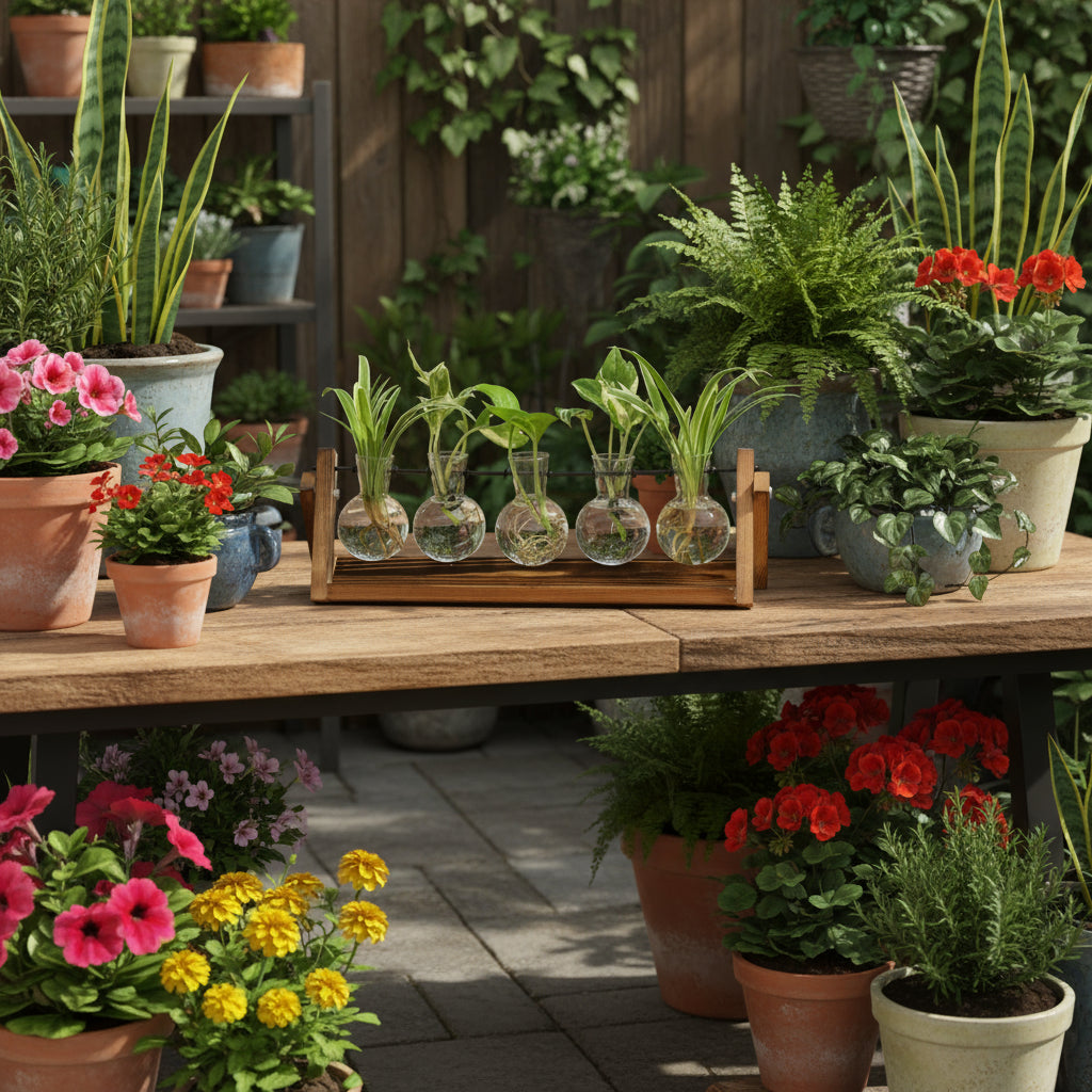 5-tube wooden hydroponic vase displaying plants in glass tubes with decorative wooden stand