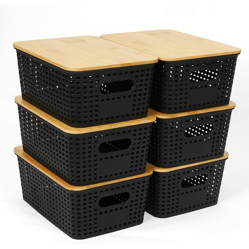 Nutshell Black Storage Baskets with Bamboo Lid - Set of 5