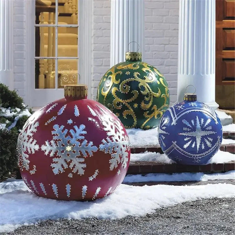 60cm Christmas Inflatable Decora Ball in red with snowflakes and green designs for festive outdoor decor
