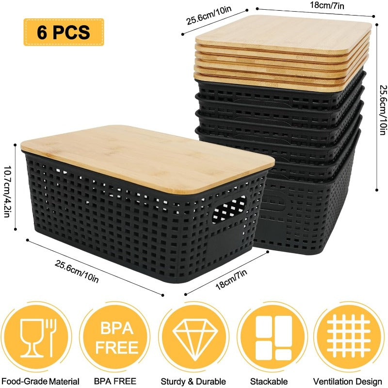Nutshell Black Storage Baskets with Bamboo Lid - Set of 5