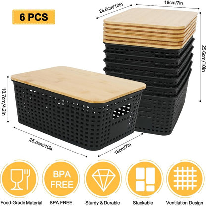 Nutshell Black Storage Baskets with Bamboo Lid - Set of 5
