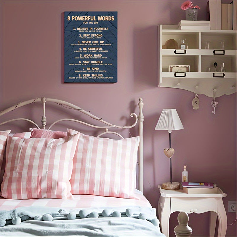 Inspirational 7 rules of life wall art displayed above a pink bed in a cozy bedroom