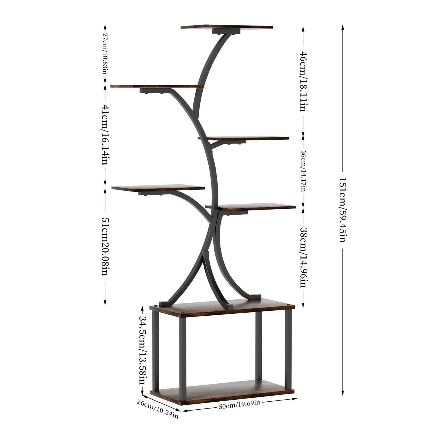 Nutshell 7 tier metal plant display shelf with wooden shelves and black curved frame, measuring 59.45 inches tall