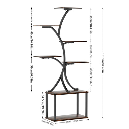 Nutshell 7 tier metal plant display shelf with wooden shelves and black curved frame, measuring 59.45 inches tall