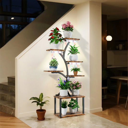 Nutshell 7 tier metal plant display shelf with wooden shelves holding various green and flowering potted plants in modern home interior