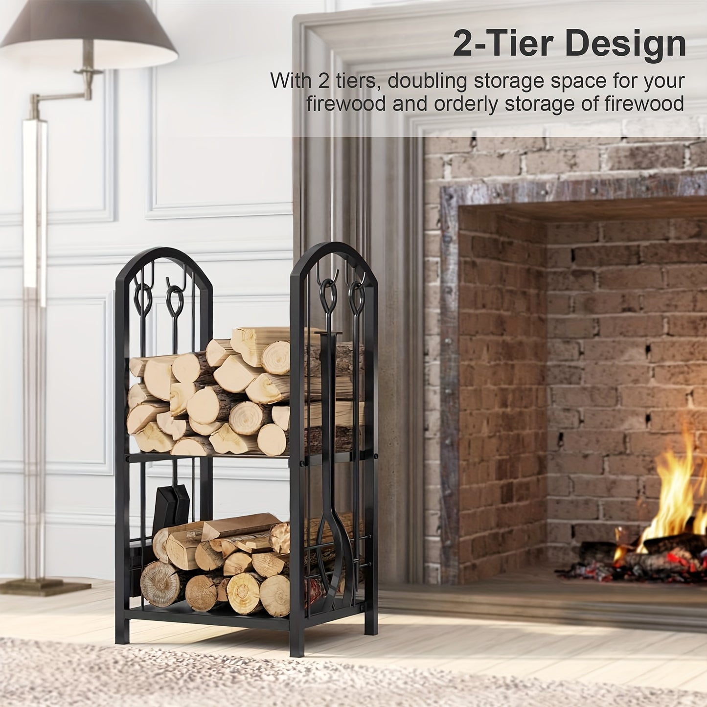 5pcs Indoor Outdoor Wrought Iron Firewood Log Storage Rack Holder Firepit Tools Set for Fireplace, Fire Pit, Stove W/Hook, Broom, Shovel, Tongs