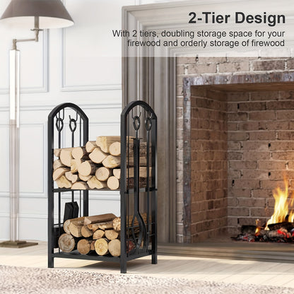 5pcs Indoor Outdoor Wrought Iron Firewood Log Storage Rack Holder Firepit Tools Set for Fireplace, Fire Pit, Stove W/Hook, Broom, Shovel, Tongs