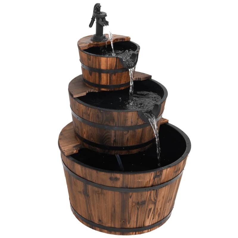 Nutshell solar waterfall fountain featuring three wooden barrels cascading water for outdoor relaxation