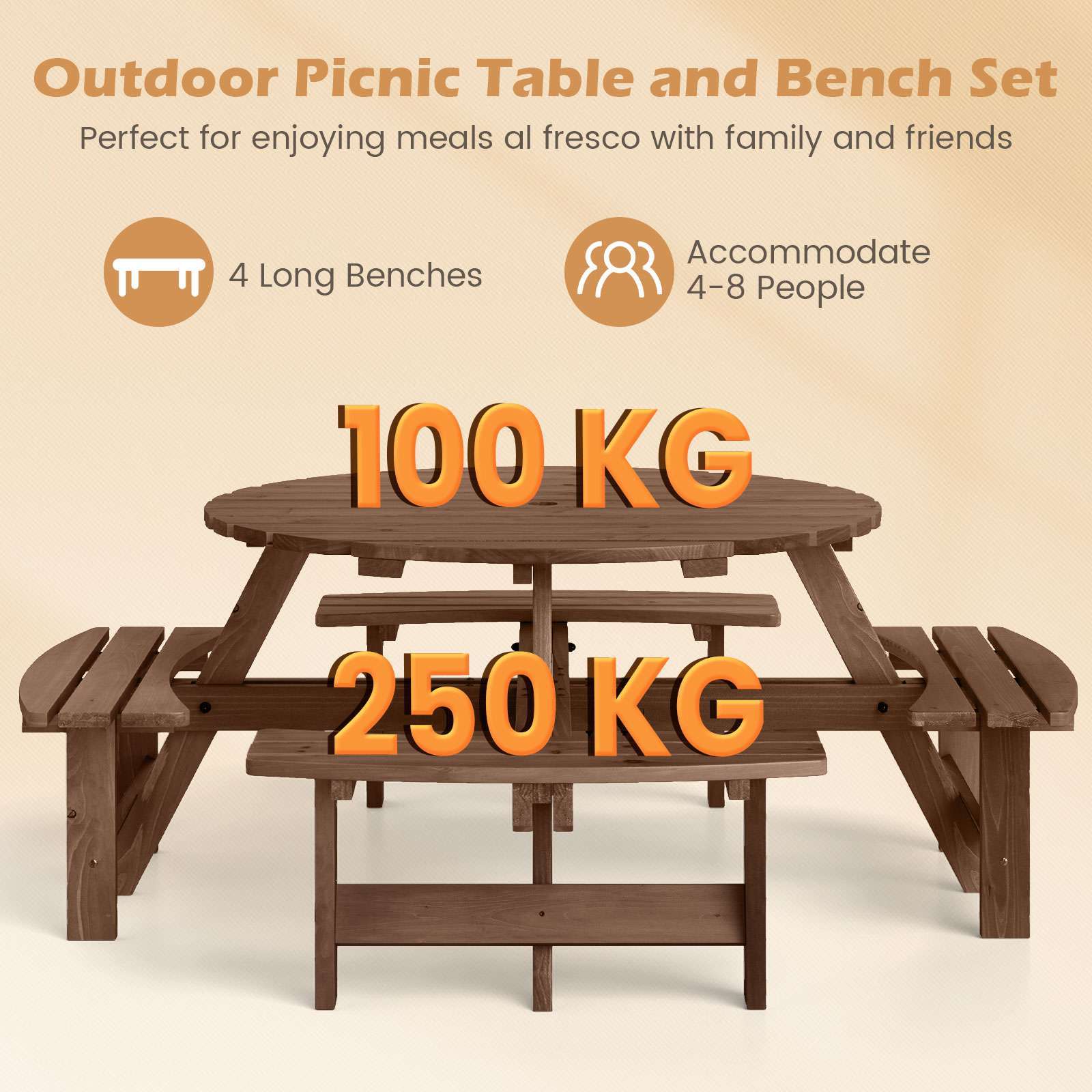8-Person Round Picnic Table with four long benches for outdoor dining and family gatherings