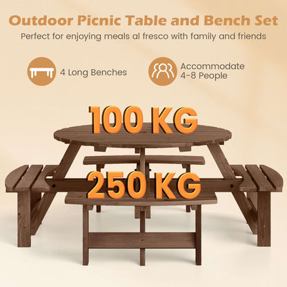 8-Person Round Picnic Table with four long benches for outdoor dining and family gatherings