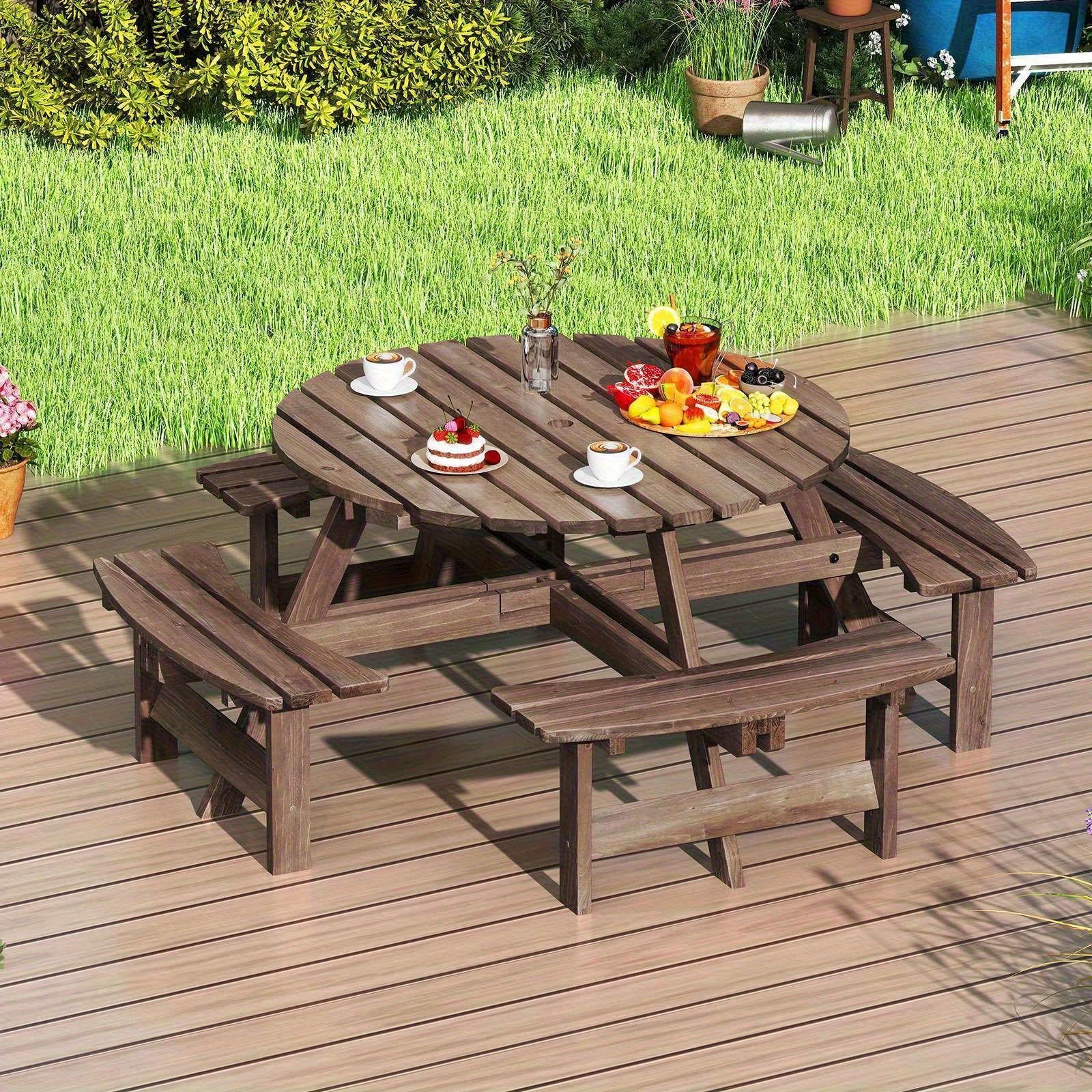 Nutshell 8-Person Round Picnic Table in Natural Wood Finish for Outdoor Dining and Gatherings