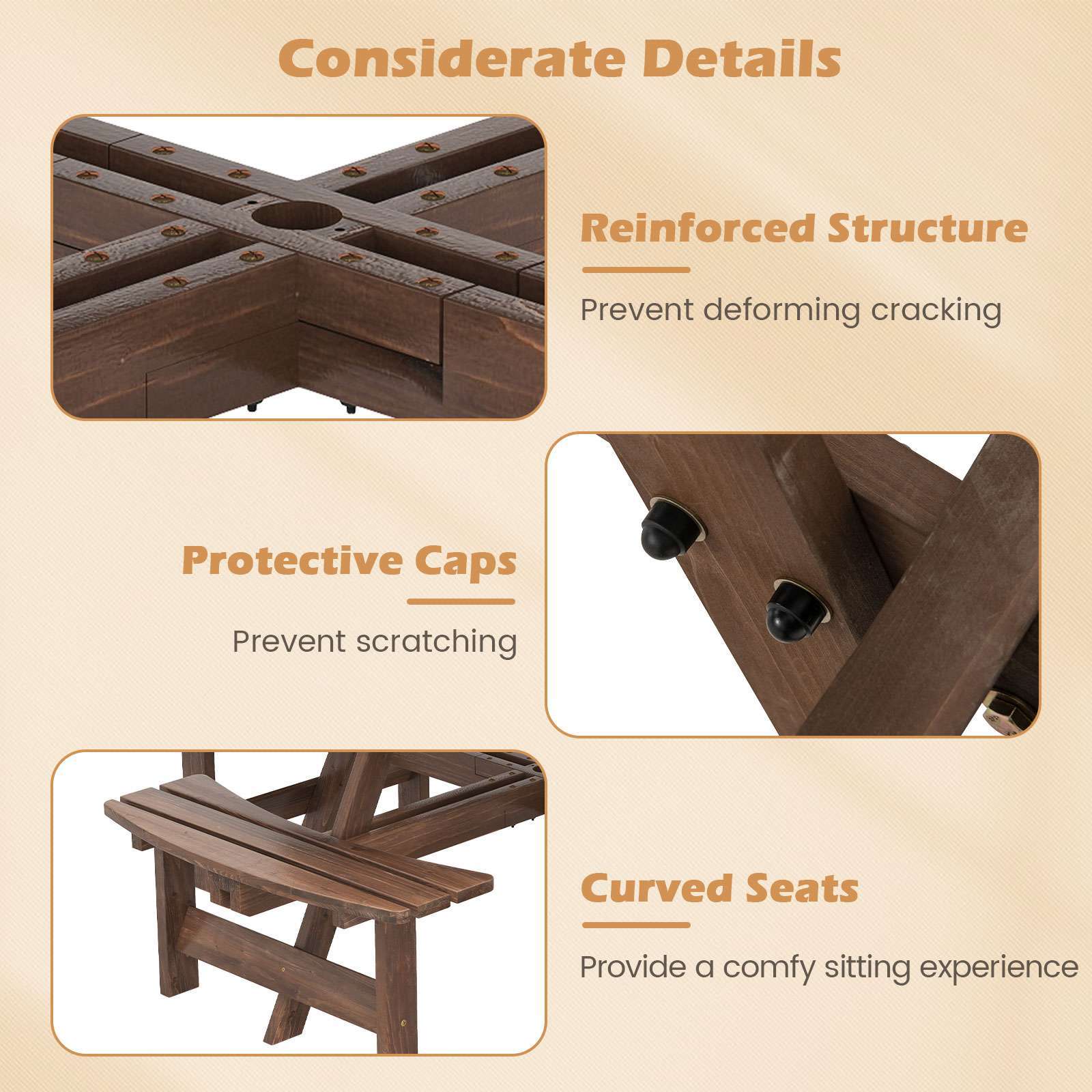 Nutshell 8-Person Round Picnic Table with reinforced structure and protective caps for outdoor gatherings
