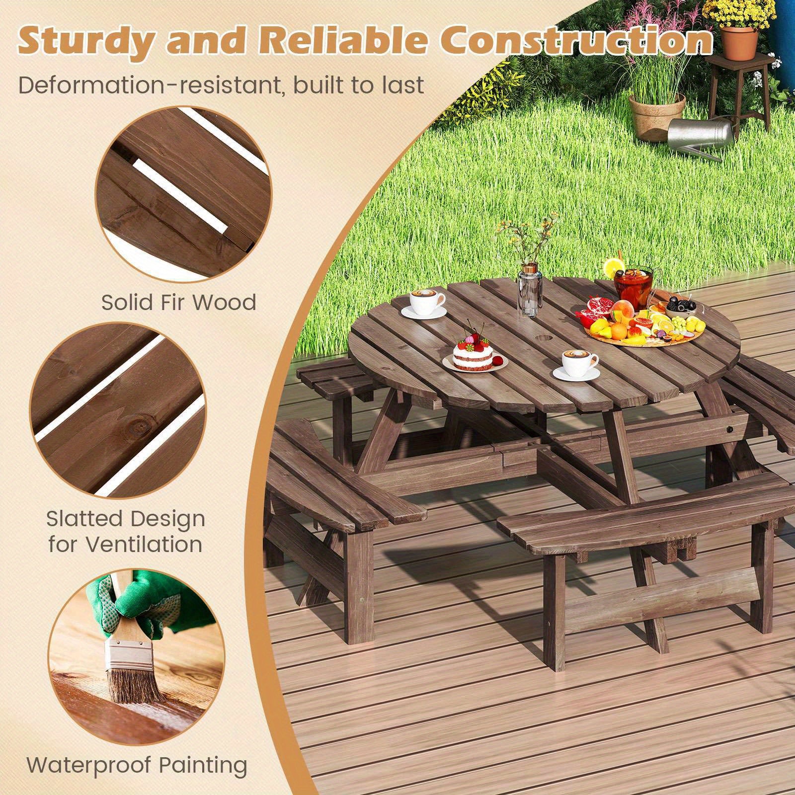 8-Person Round Picnic Table made from solid fir wood with waterproof finish for outdoor gatherings