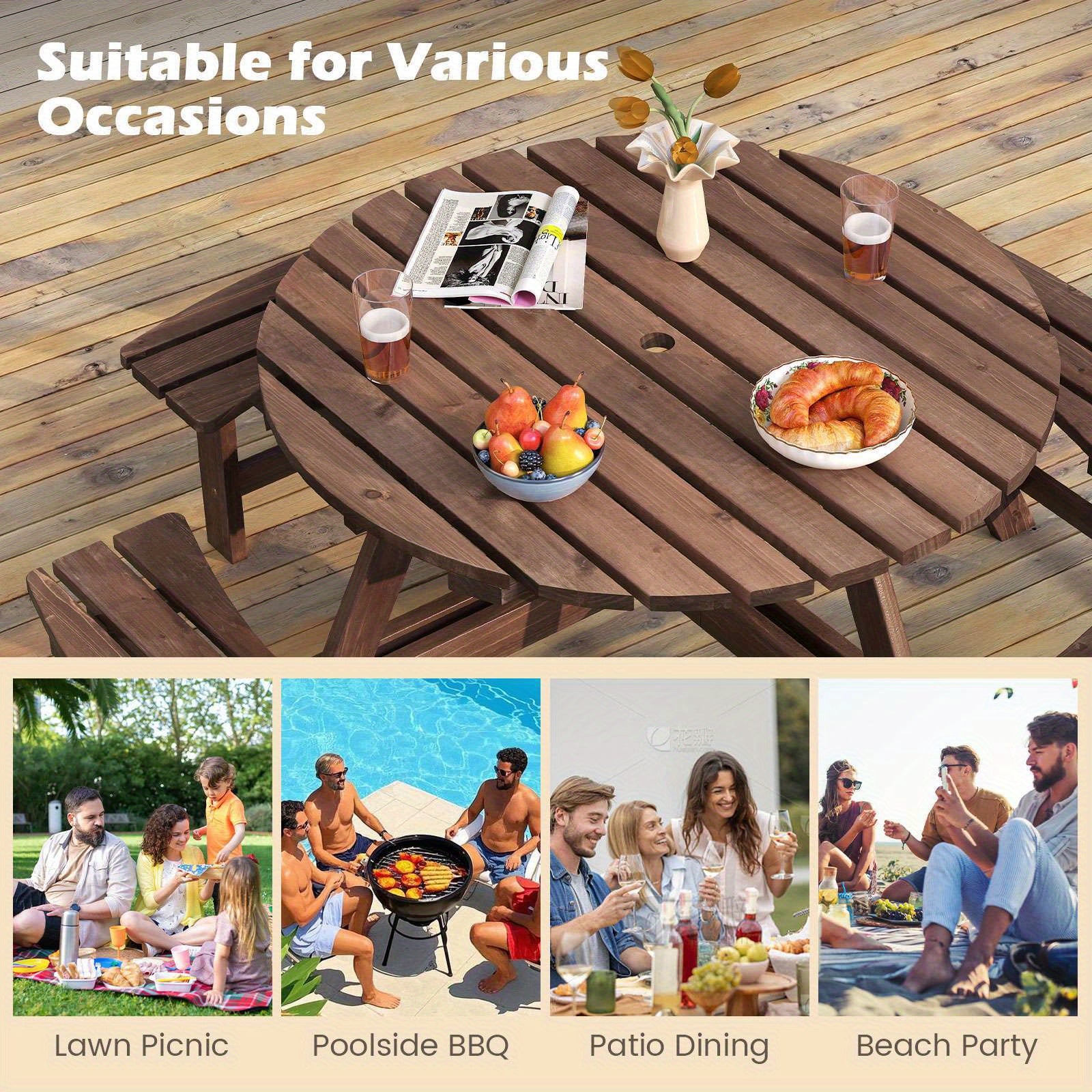 Nutshell 8-Person Round Picnic Table in brown wood ideal for outdoor gatherings and dining occasions