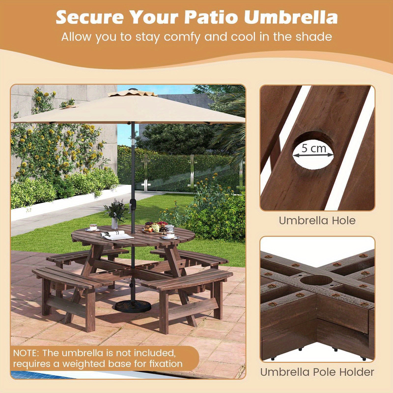 8-Person Round Picnic Table with Umbrella Hole for Outdoor Dining and Relaxation in the Garden