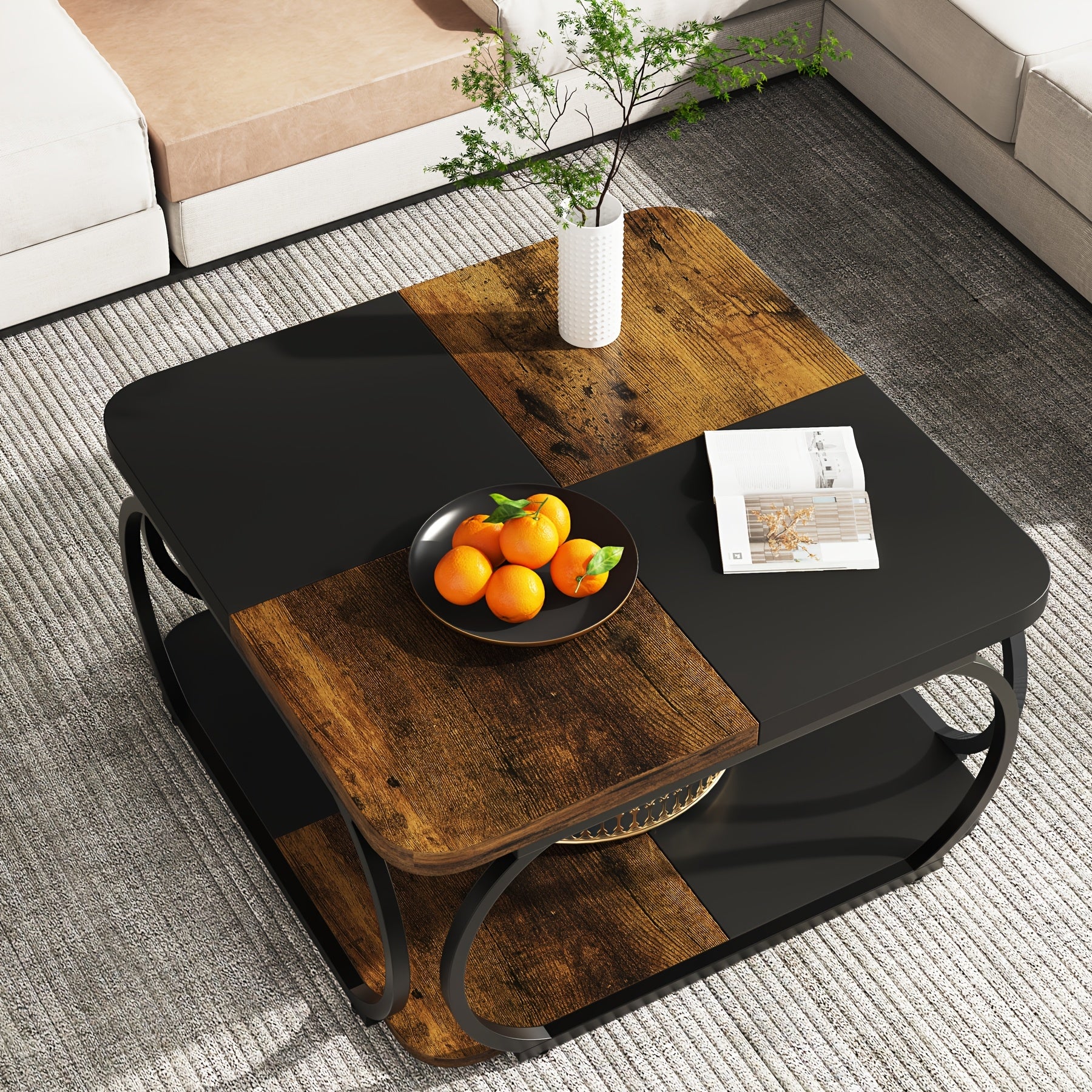 Nutshell 2 tier square coffee table with wooden and black panels in modern living room